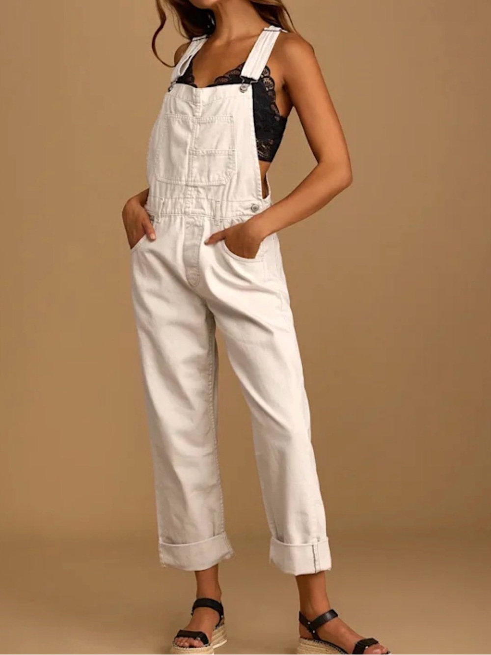 We the Free Ziggy Cream Denim Pockets Relaxed Overalls Sz S
